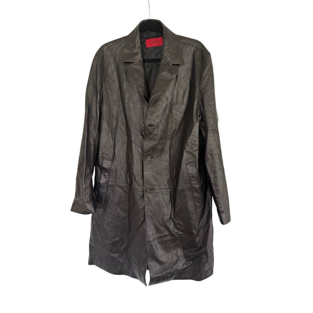 Hugo Boss Mens Black Button Front Lambskin Leather Trench Coat XL